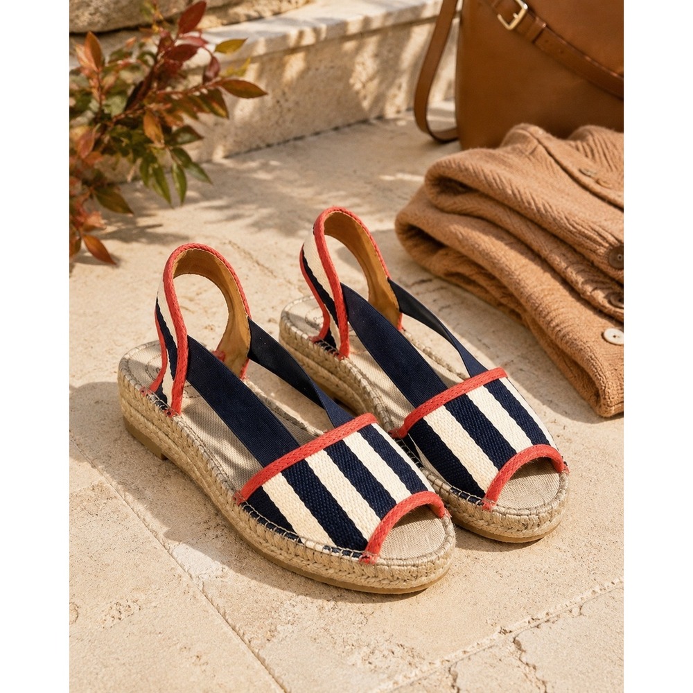 Toni Pons Espadrille Sandals Navy Striped Canvas Nautical Slingback Wedge Sz 8.5